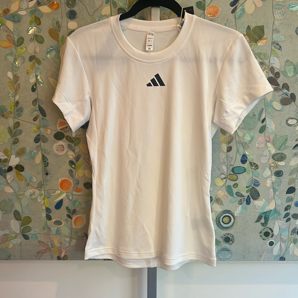 NWT Adidas S/S‎ Womens Tee Small White Black Logo Exercise Running Polyester